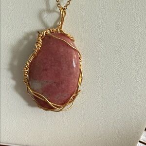Gold Wire-Wrapped Rhodinite Gemstone Pendant Necklace
